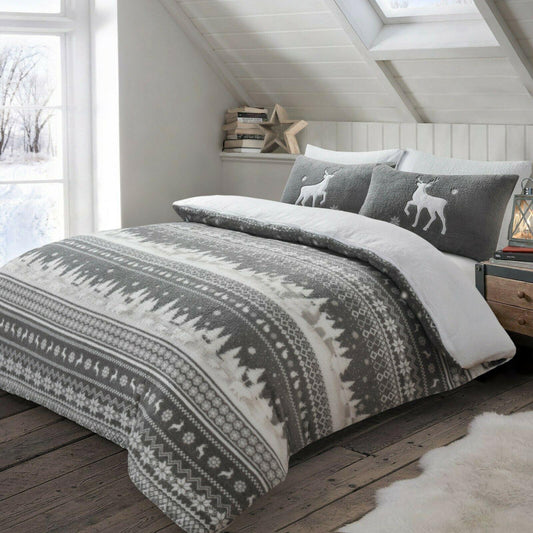 Grey Noel Scandinavian Teddy Christmas Duvet Cover Bedding Set - Home Inspired Gifts