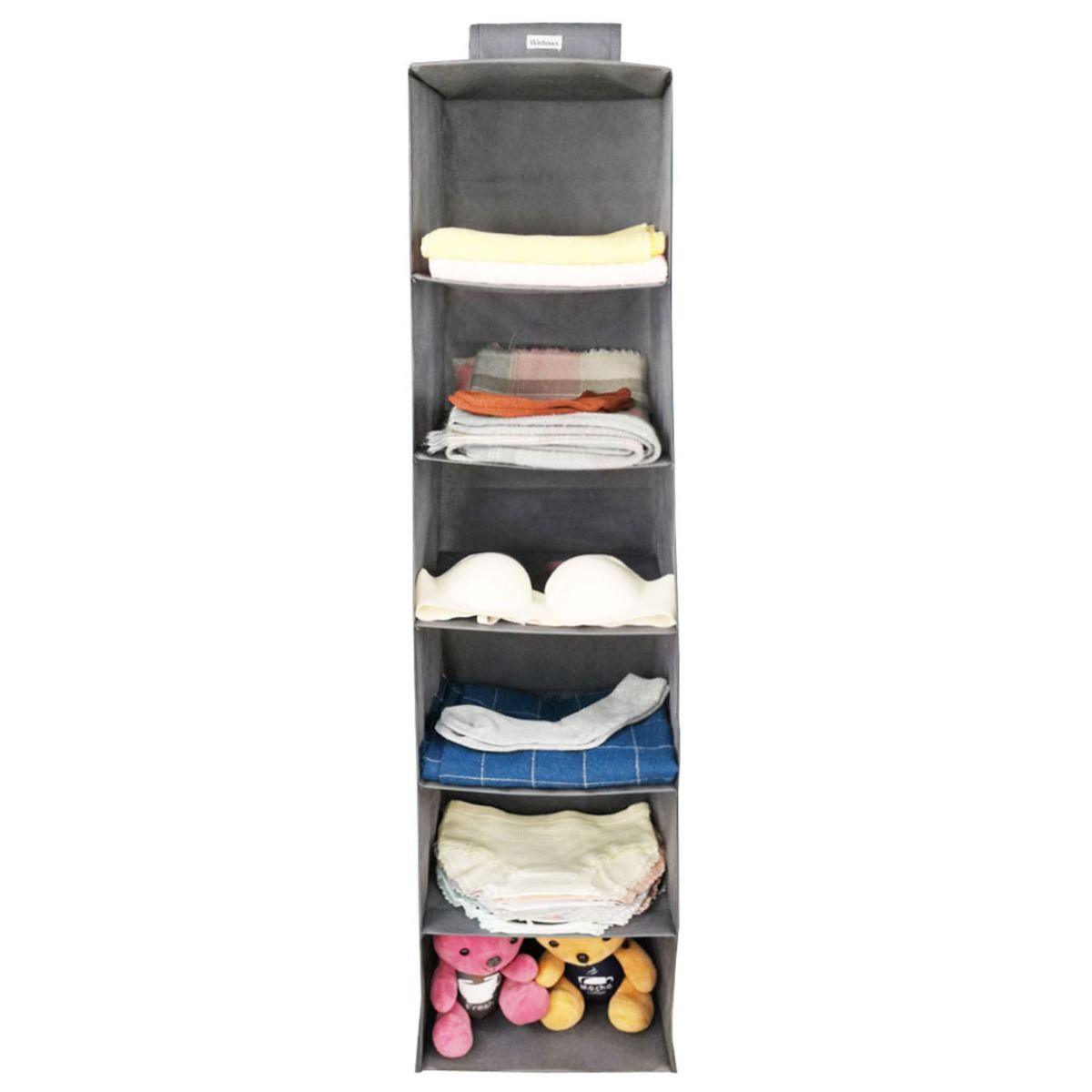 Grey Fabric Storage Hanging Organiser 6 Shelves Foldable Wardrobe - Home Inspired Gifts