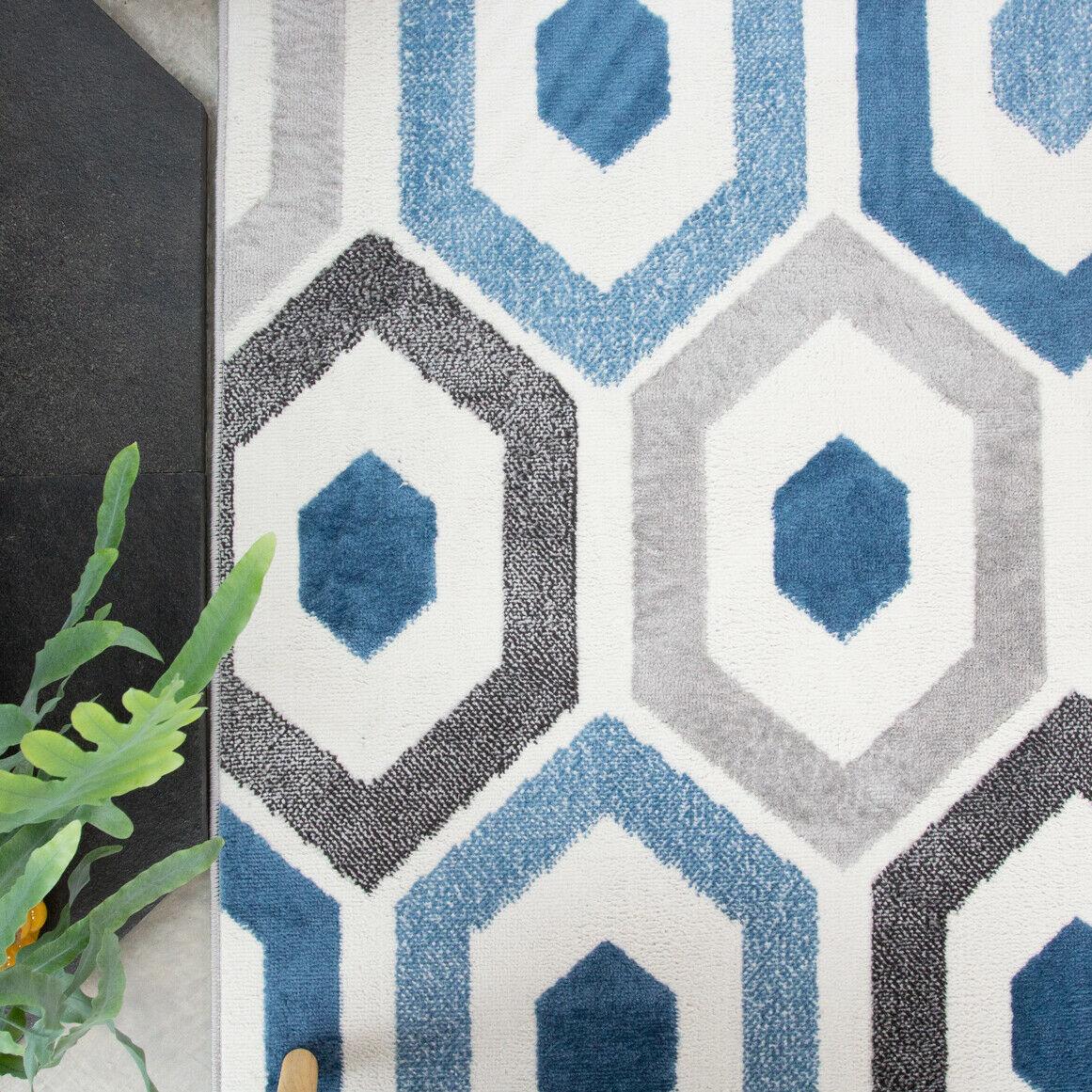 Honeycomb Geometric Tile Floor Area Rug Runner - Blue Grey - Home Inspired Gifts