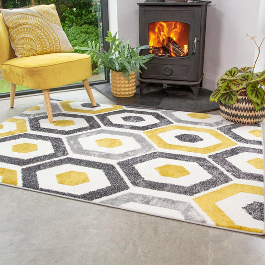 Honeycomb Geometric Tile Floor Area Rug Runner - Ochre Grey - Home Inspired Gifts