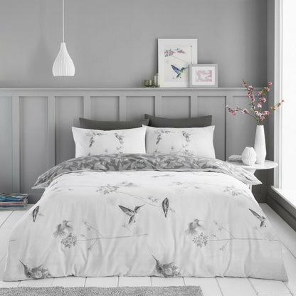 Hummingbird Floral Print Duvet Cover Polycotton Bedding Set - Grey - Home Inspired Gifts