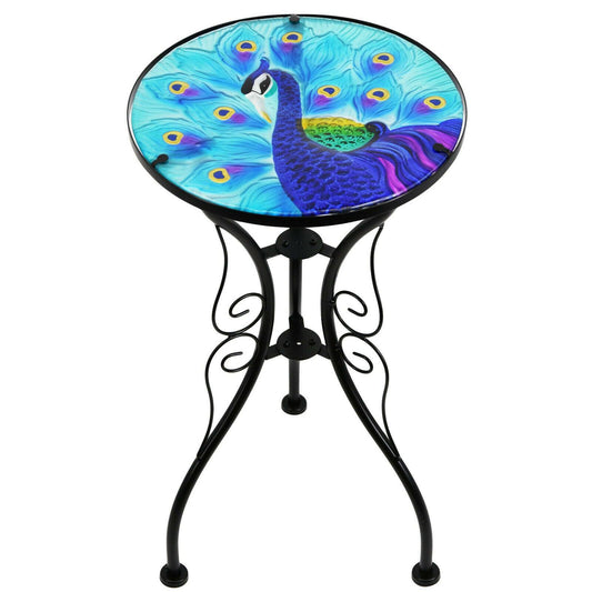 Iron Glass Round Side Coffee Patio Garden Table Plant Stand - Blue Peacock - Home Inspired Gifts