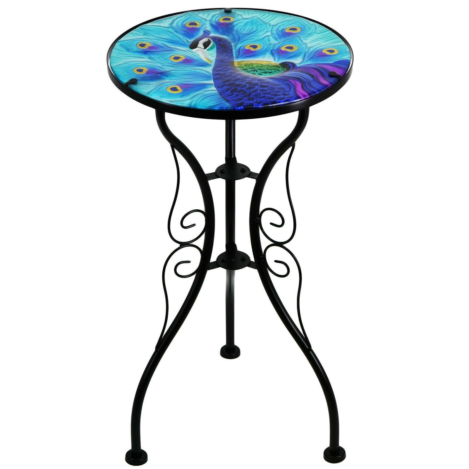 Iron Glass Round Side Coffee Patio Garden Table Plant Stand - Blue Peacock - Home Inspired Gifts