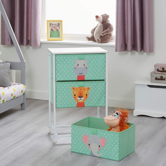 Jungle Animals 3 Drawer Kids Storage Bedside Table - Green White - Home Inspired Gifts