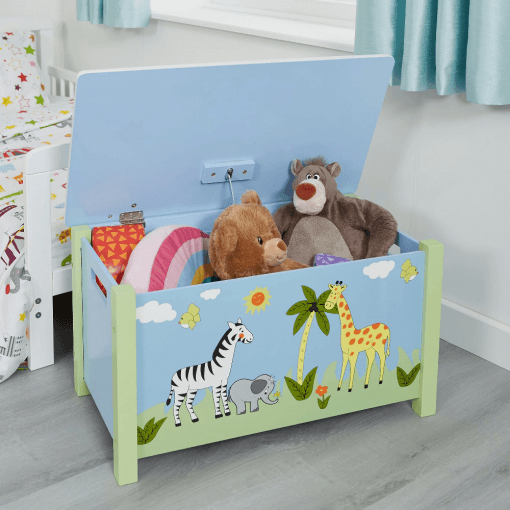 Safari Adventure Blue Wooden Toy Box with Lid – Bedroom Playroom Storage - Home Inspired Gifts