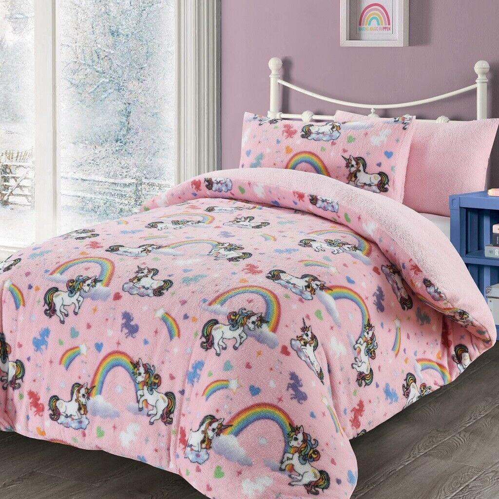 Kids Pink Rainbow Unicorn Soft Teddy Bear Fleece Duvet Cover Bedding - Home Inspired Gifts