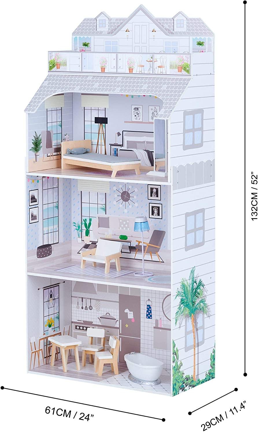 Large Kids Wooden Doll House with 8 Accessories Role Play Toy - Home Inspired Gifts