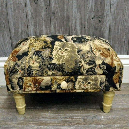 Cream Multi Cats Fabric Footstool with Drawer Tapestry Decor - Home Inspired Gifts