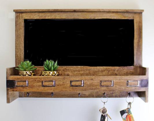 Wooden Blackboard with 5 Storage Slots & 5 Key Hooks Display Use
