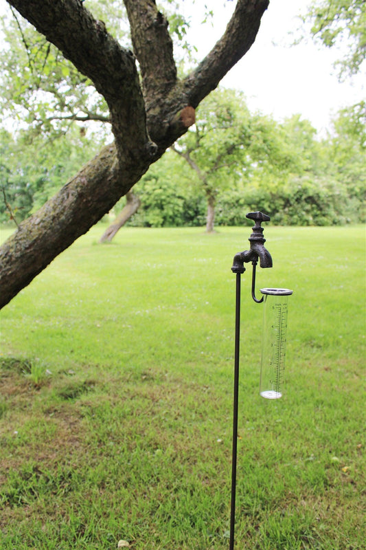 Cast Iron and Glass Garden Rain Gauge, Outside Tap Weather Stake - Home Inspired Gifts
