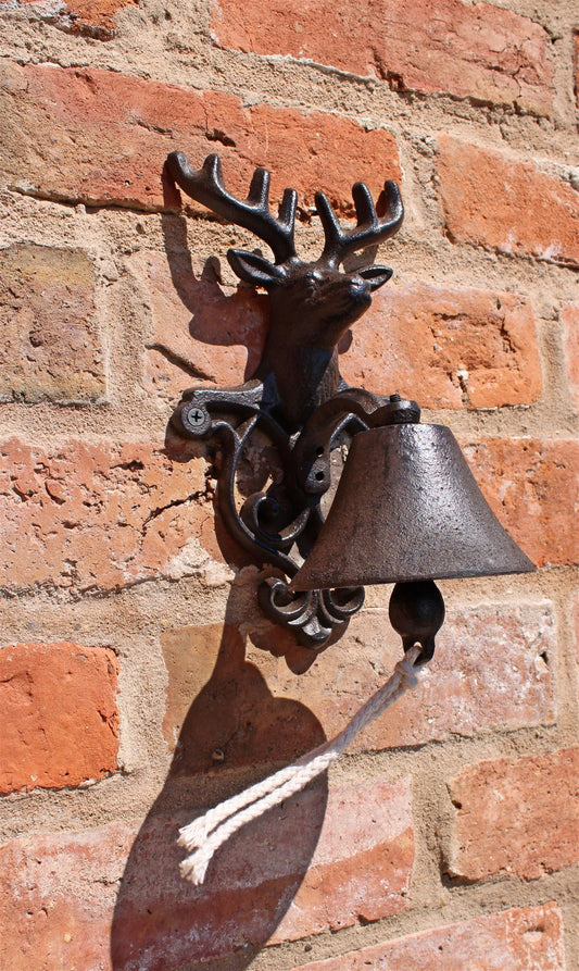 Rustic Cast Iron Wall Rope Bell Garden Ornament, Reindeer Bust 