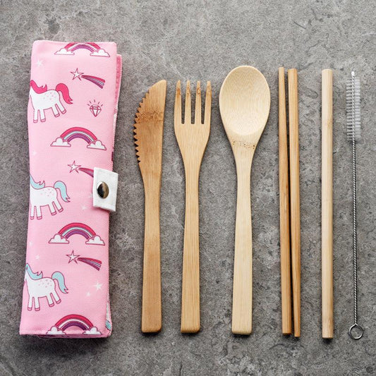 Natural Bamboo Travel Cutlery 6 Piece Set with Canvas Roll up Holder - Various Designs - Home Inspired Gifts