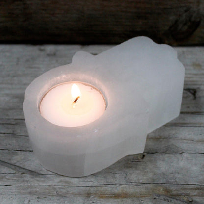 Natural Selenite Crystal Hamsa Candle Holders Healing Chakras - Home Inspired Gifts