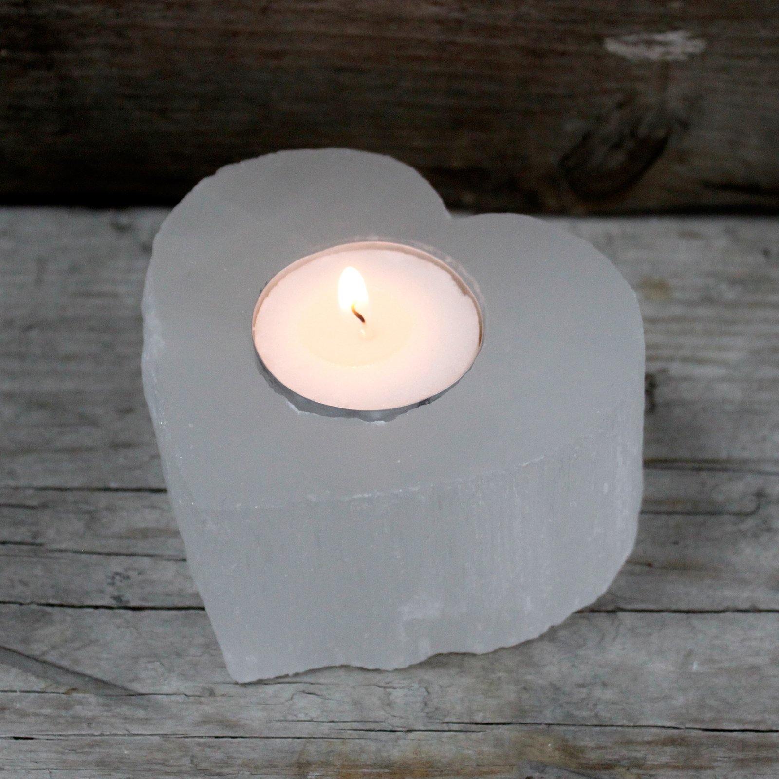 Natural Selenite Crystal Heart Candle Holders Healing Chakras - Home Inspired Gifts