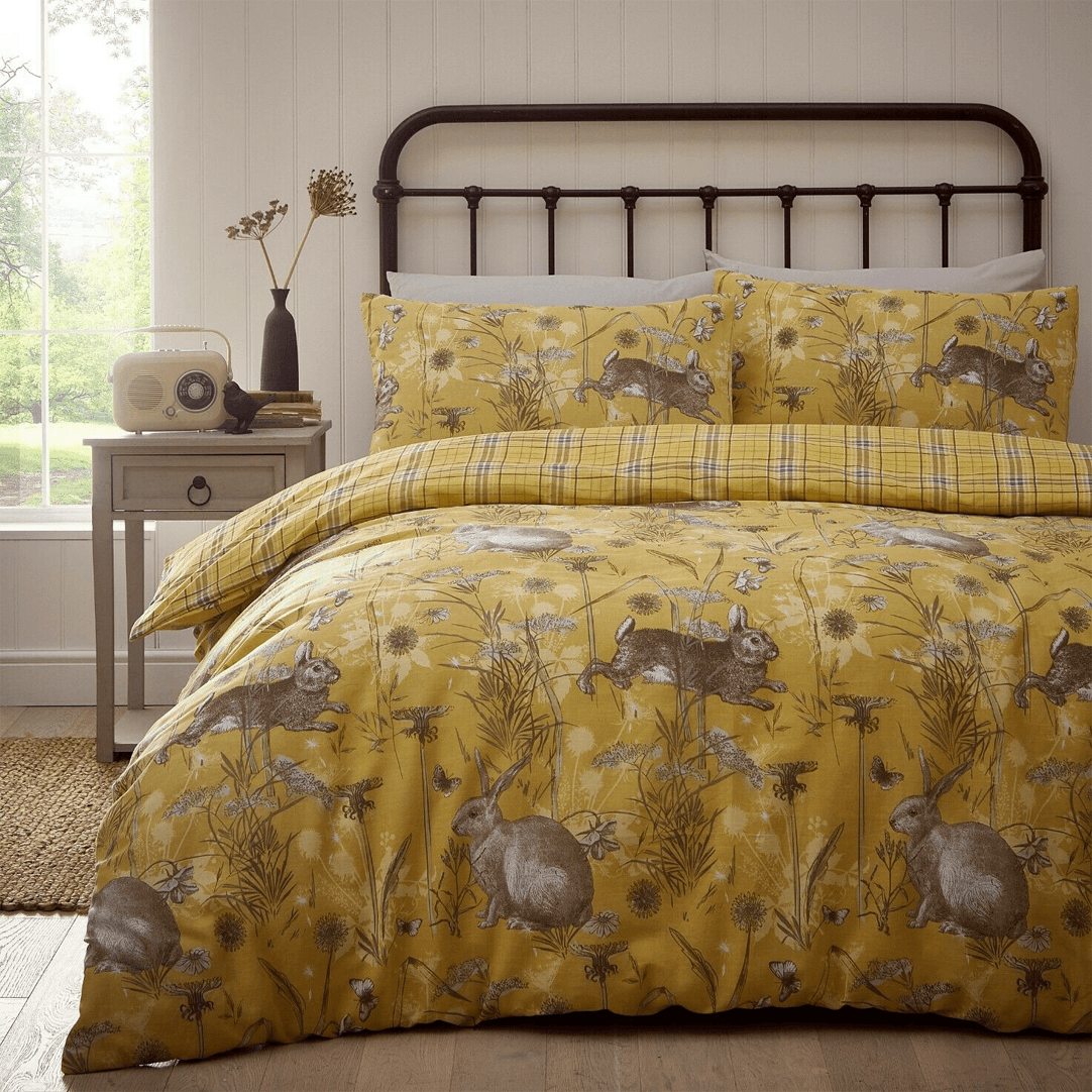 Ochre Mustard Rabbit Meadow Duvet Cover Reversible Bedding Set - Home Inspired Gifts