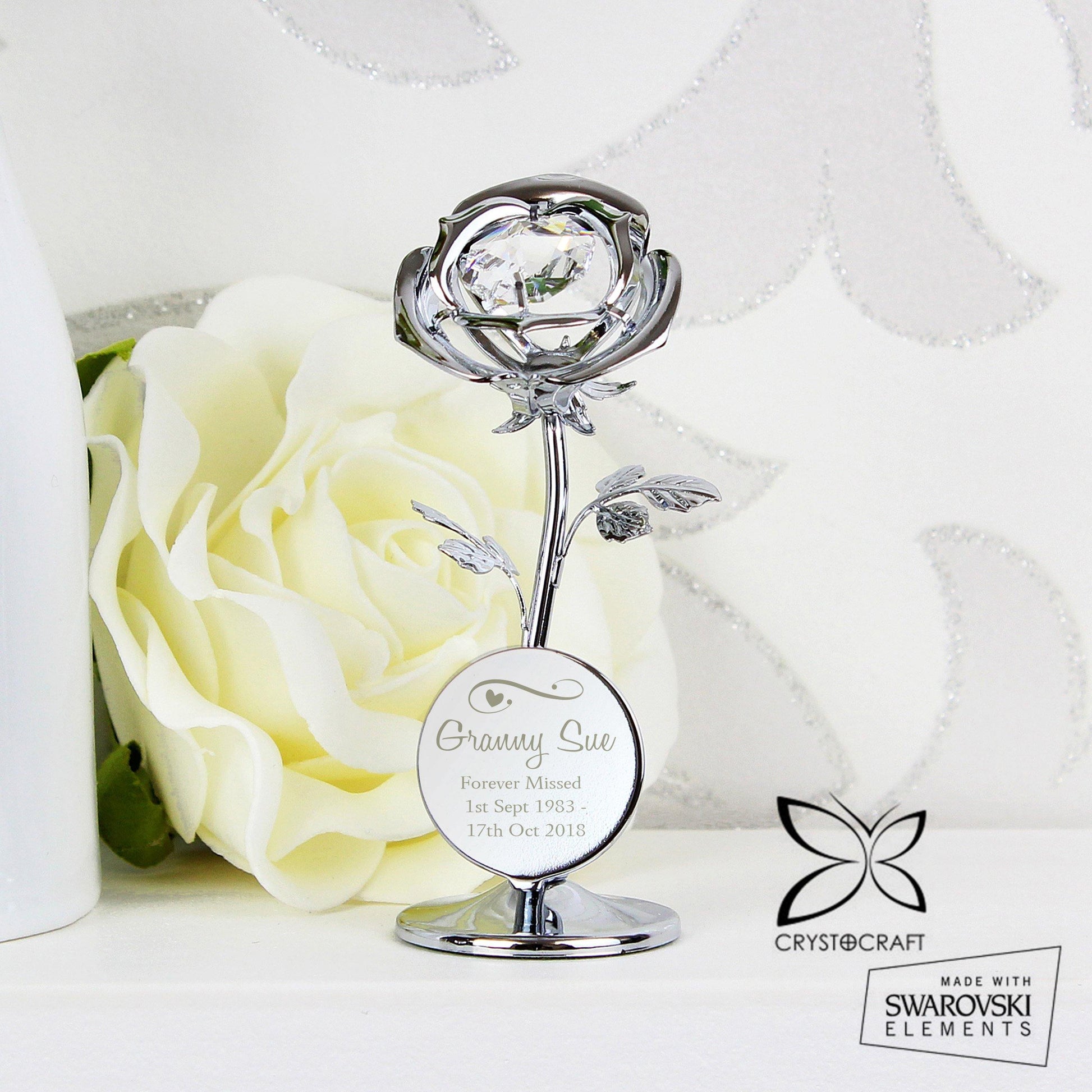 Personalised Silver Swirls & Hearts Crystocraft Rose Ornament - Kporium Home & Garden