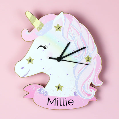 Personalised White and Pink Unicorn Shape Wooden Wall Clock - Kporium Home & Garden