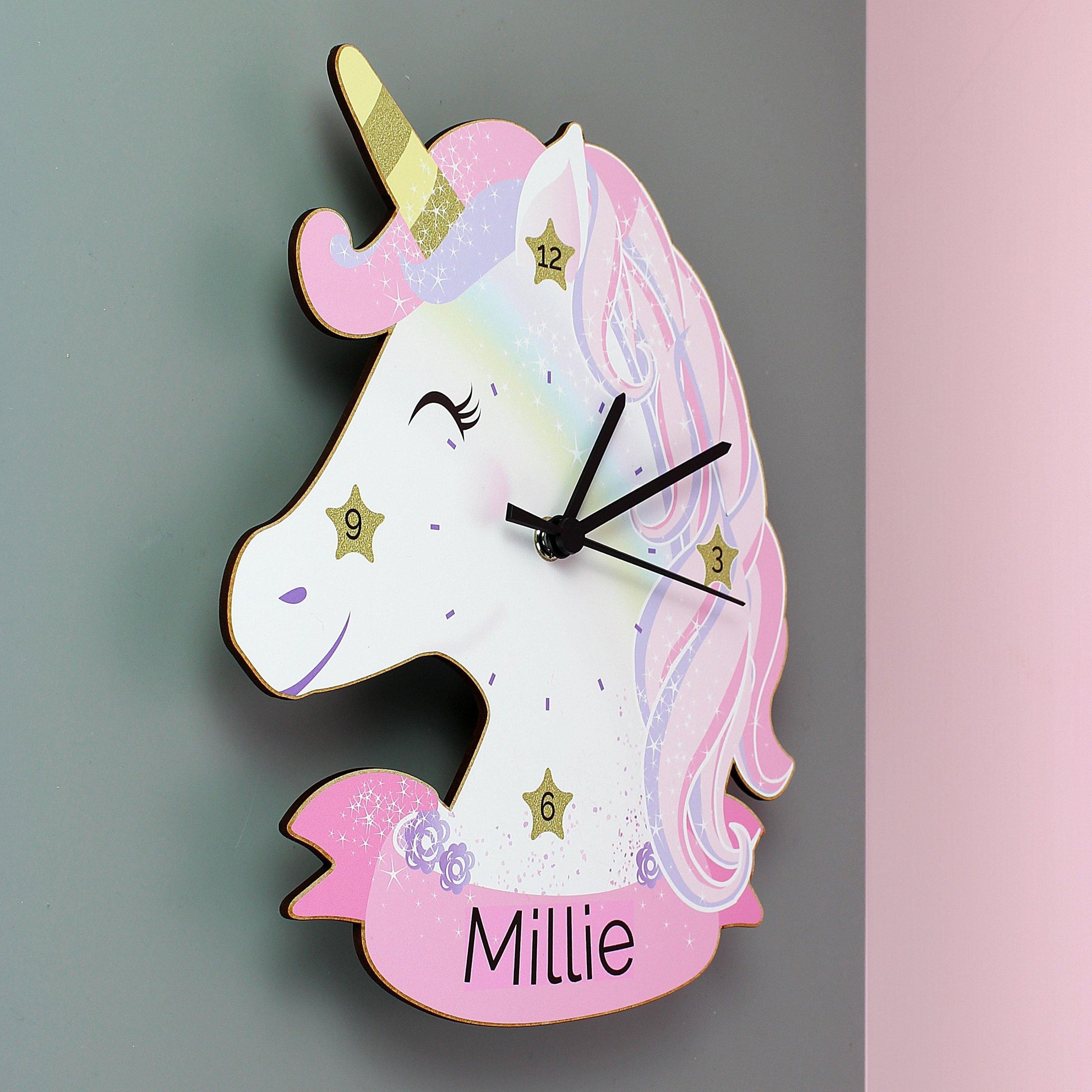 Personalised White and Pink Unicorn Shape Wooden Wall Clock - Kporium Home & Garden
