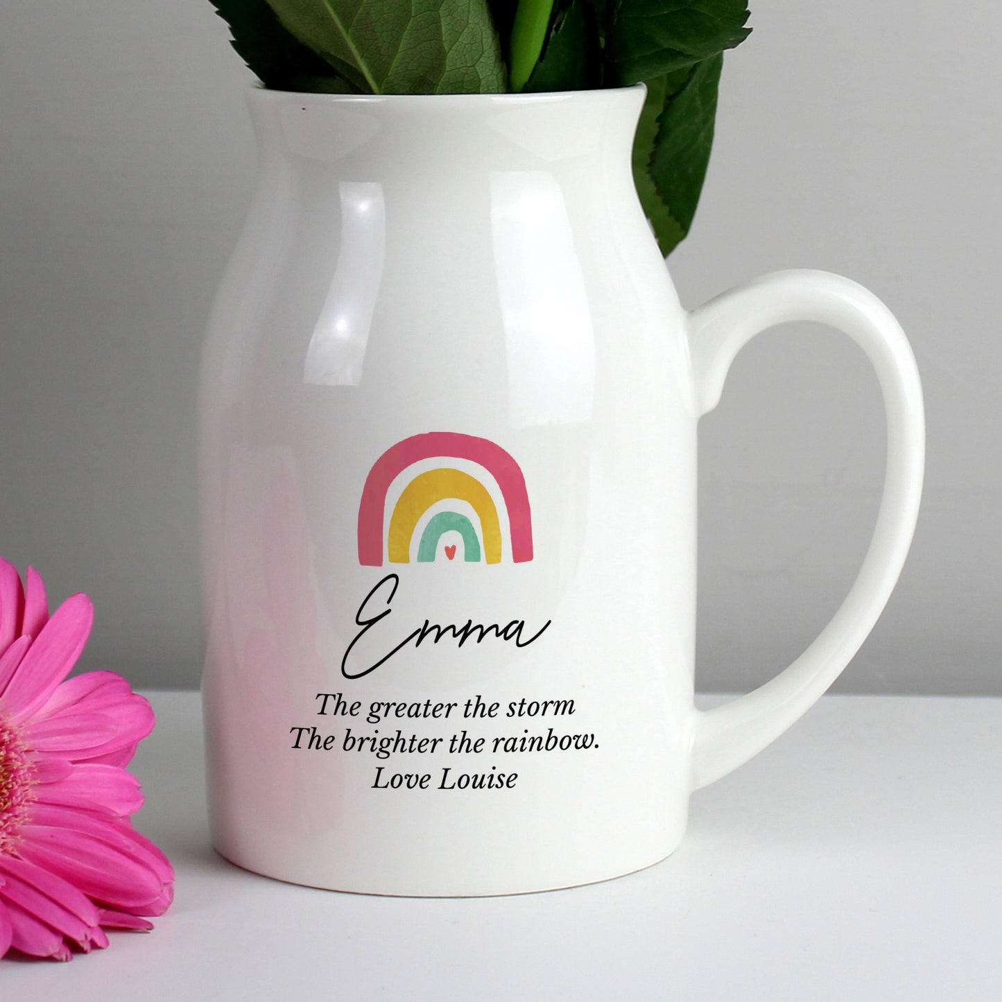 Personalised Rainbow Flower Jug Ceramic White Vase Gift - Home Inspired Gifts