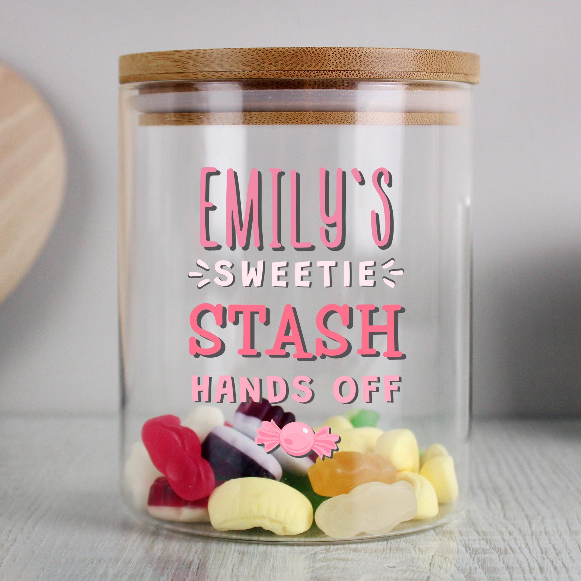 Personalised Sweetie Stash Glass Jar with Bamboo Lid - Home Inspired Gifts