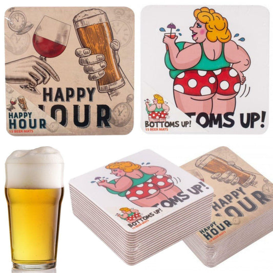 Pack of 15 Funny Beer Mat Drinks Coaster Bottoms Up Happy Hour - Home Inspired Gifts