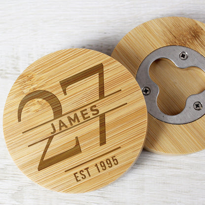 Personalised Big Age Wooden Bamboo Bottle Opener Coaster - Home Inspired Gifts