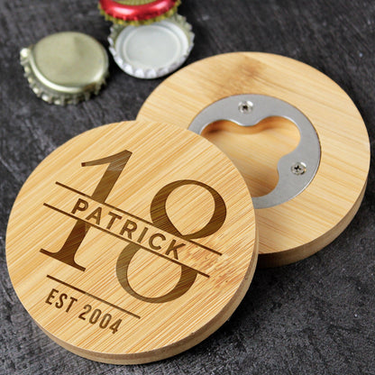 Personalised Big Age Wooden Bamboo Bottle Opener Coaster - Home Inspired Gifts