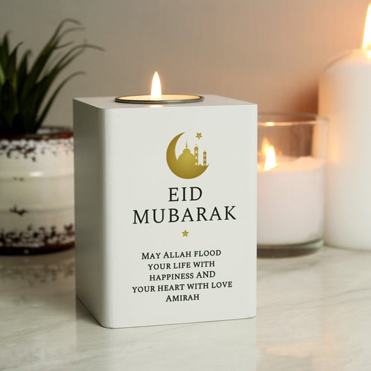 Personalised Eid White Wooden Tea light Holder - Home Inspired Gifts