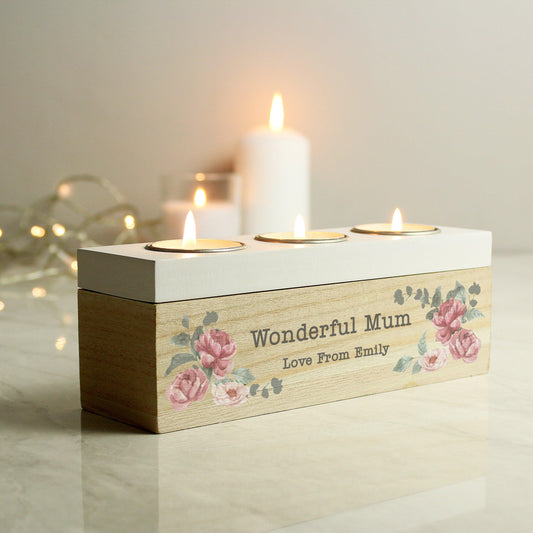 Personalised Floral Watercolour Wooden Triple Tea Light Box - Home Inspired Gifts
