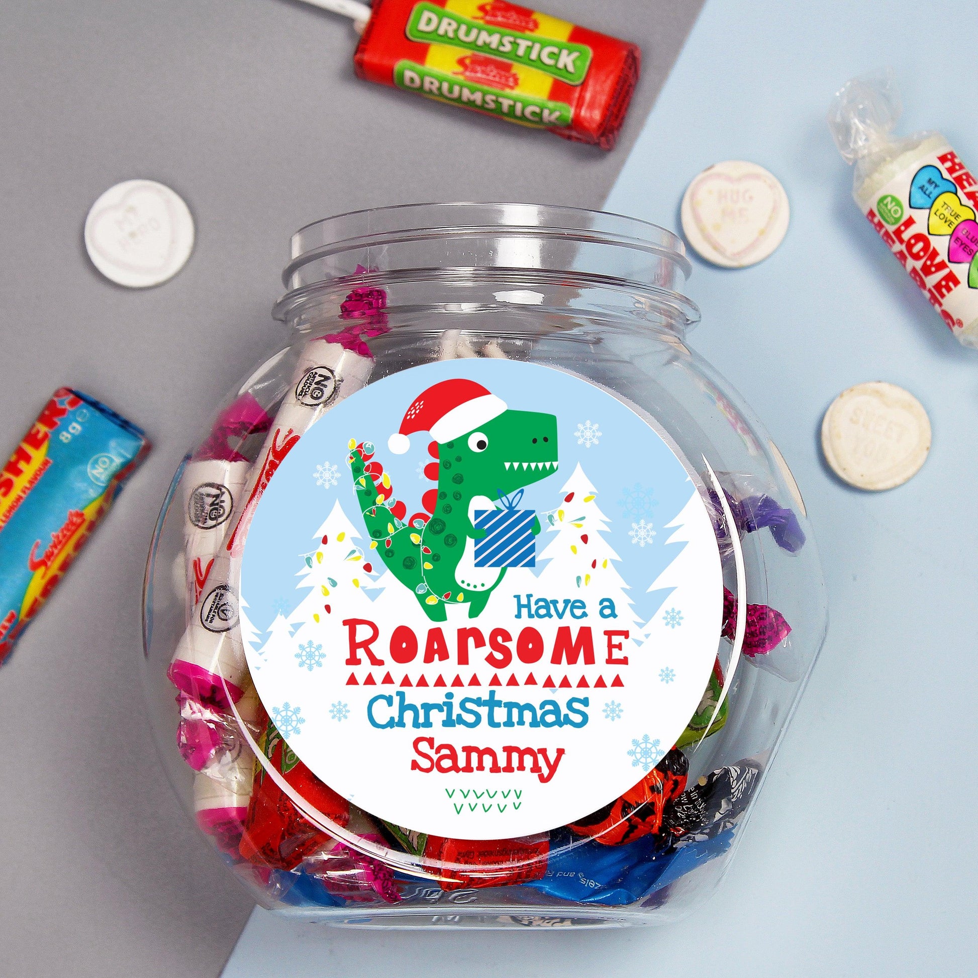 Personalised Name Dinosaur 'Have a Roarsome Christmas' Sweet Jar - Home Inspired Gifts