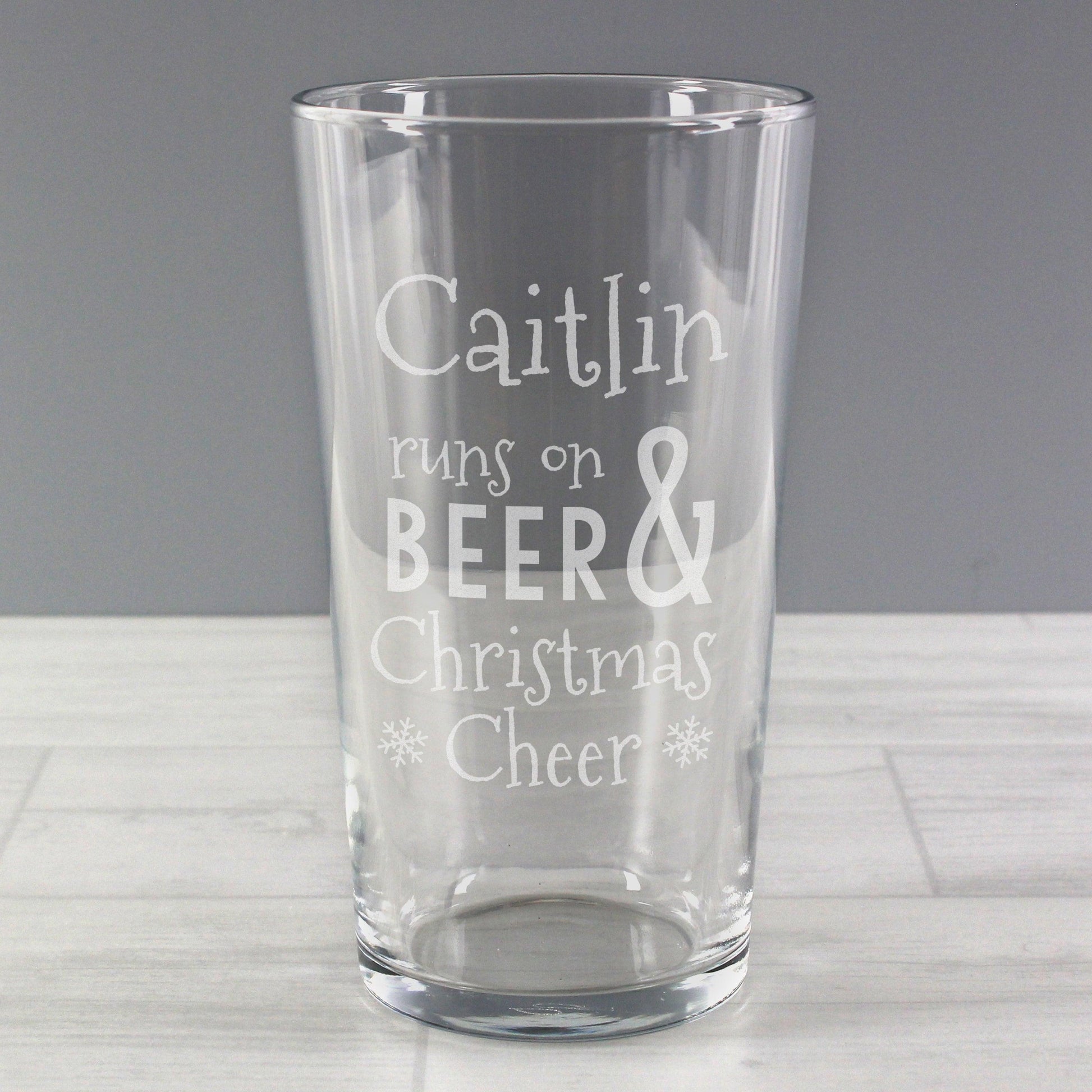 Personalised Name Runs On Beer & Christmas Cheer Pint Glass - Home Inspired Gifts