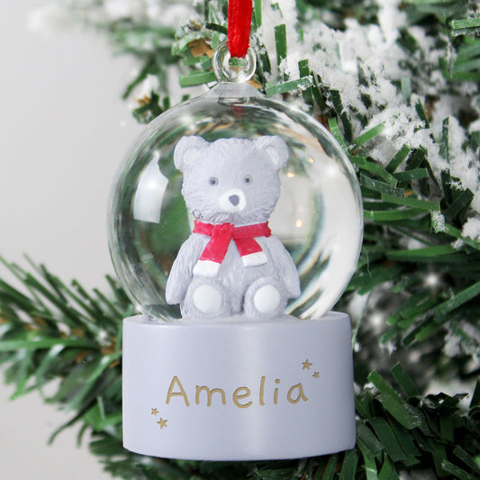 Personalised Name Teddy Bear Glitter Snow Globe Tree Bauble Decoration - Home Inspired Gifts