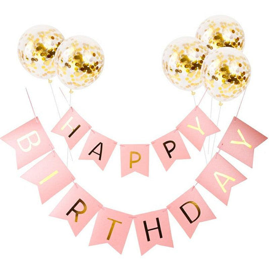 Pink Birthday Bunting Banner 5 Foil Latex Confetti Sequins Balloons - Home Inspired Gifts