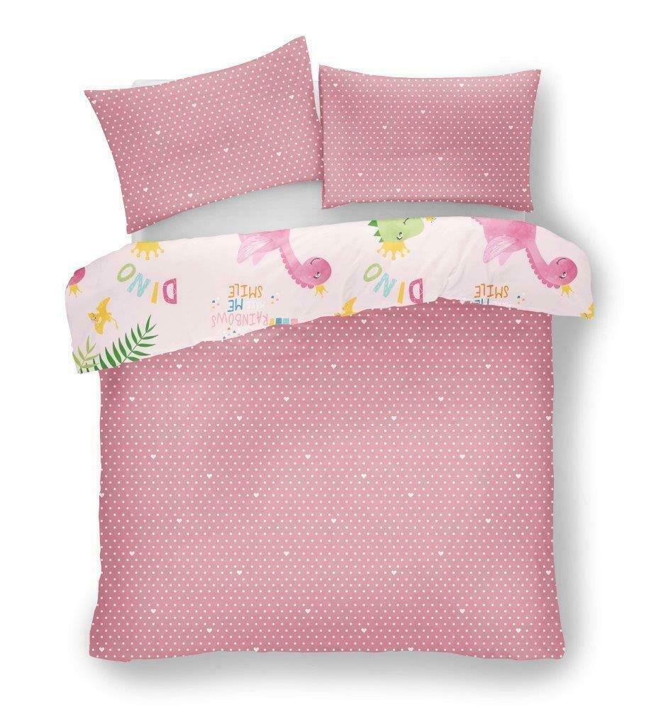 Pink Dinosaur Princess Polycotton Kids Duvet Cover Bedding Set - Home Inspired Gifts