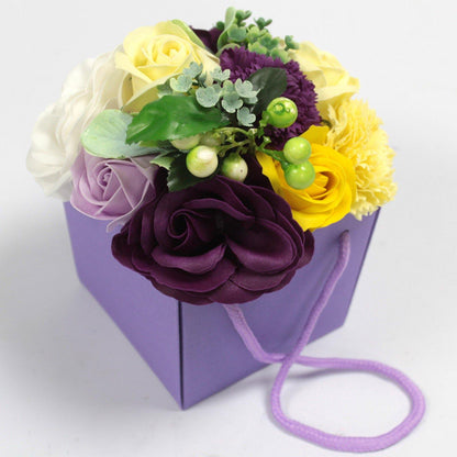 Purple Flower Garden Soap Flower Bouquet in Rope Handle Box - Home Inspired Gifts