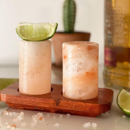 Set of 2 Himalayan Salt Shot Glasses with Wooden Serving Stand - Home Inspired Gifts