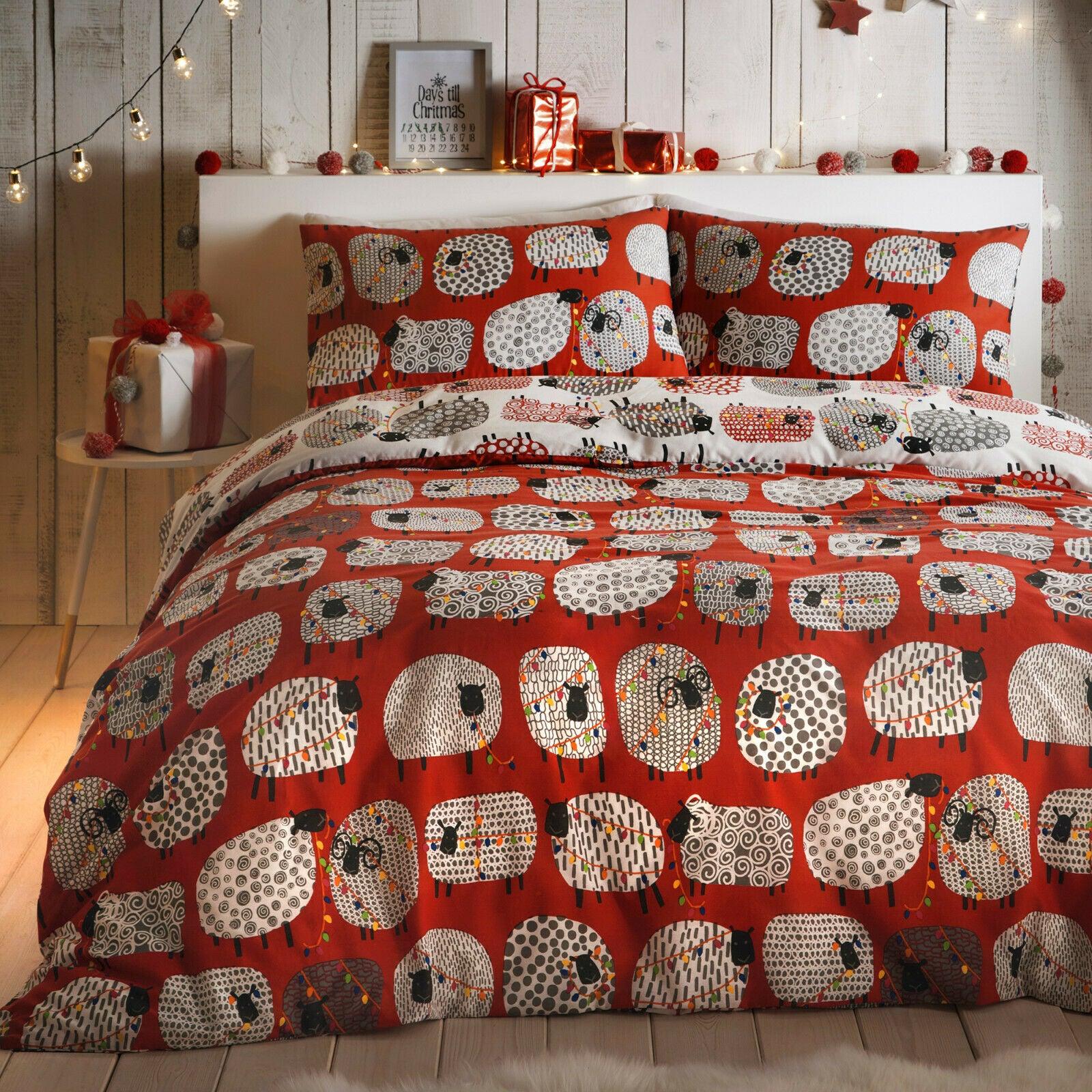 Red Christmas Dotty Sheep Festive Duvet Cover Bedding Set - Home Inspired Gifts