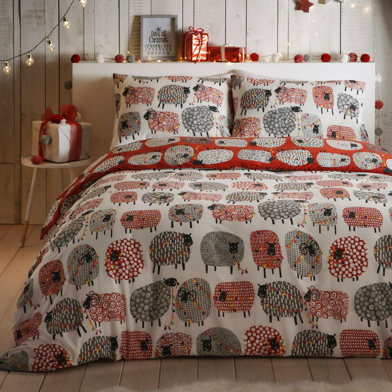 Red Christmas Dotty Sheep Festive Duvet Cover Bedding Set - Home Inspired Gifts