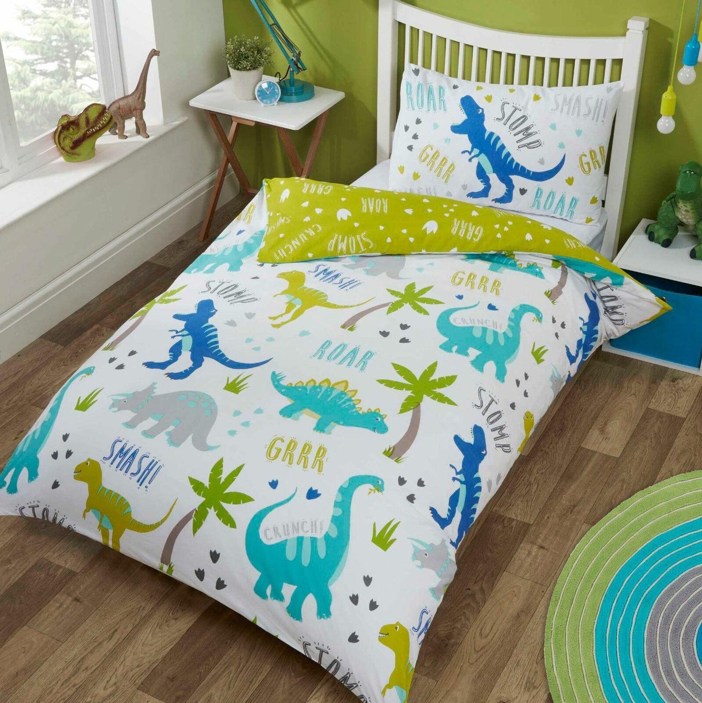 Roarsome Dinosaur Green Blue Duvet Cover Bedding Set Reversible - Home Inspired Gifts