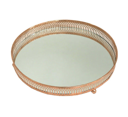 Round Copper Coloured Mirror Candle Plate with Feet 28cm - Kporium Home & Garden