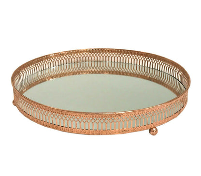 Round Copper Coloured Mirror Candle Plate with Feet 28cm - Kporium Home & Garden