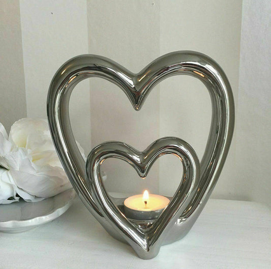 Silver Ceramic Double Heart Tealight Candle Holder - Kporium Home & Garden