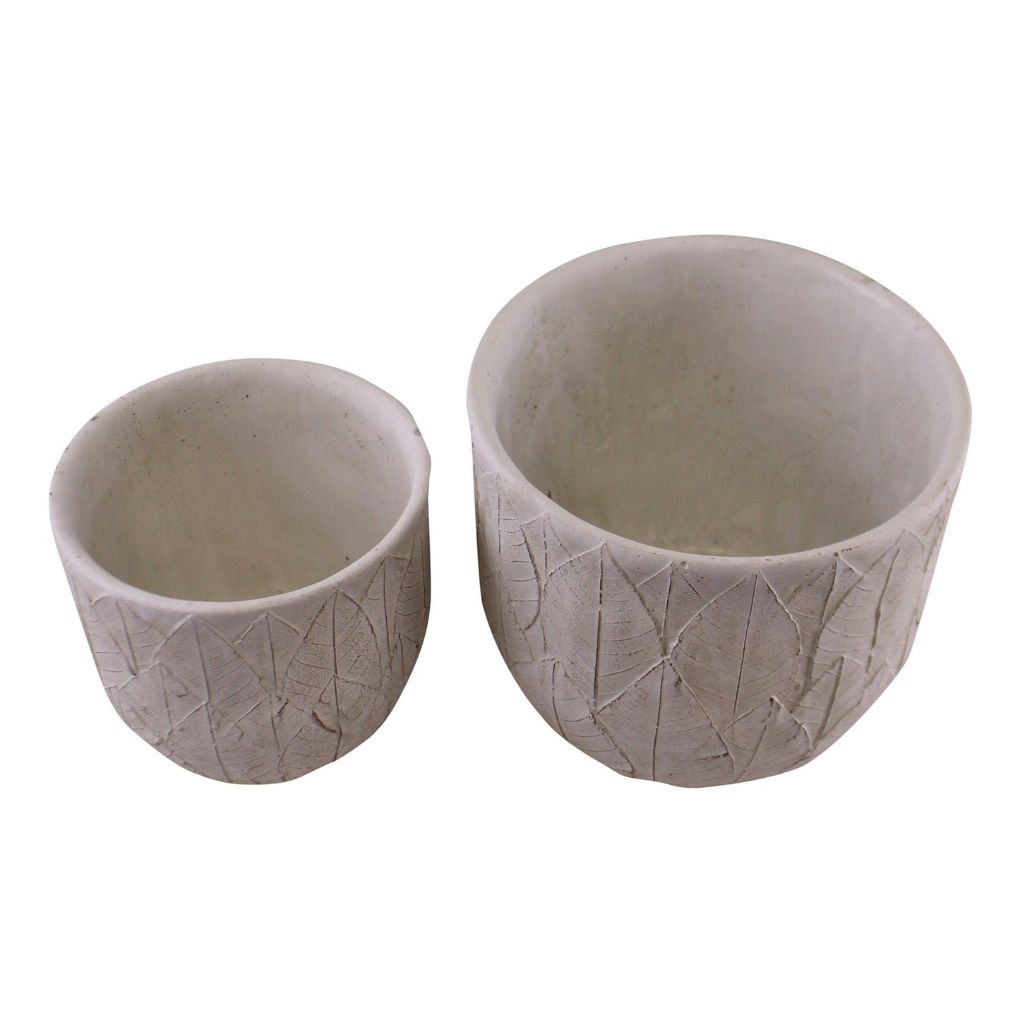Decorative Set of 2 Cement Embossed Leaf White Planters Top View Inside