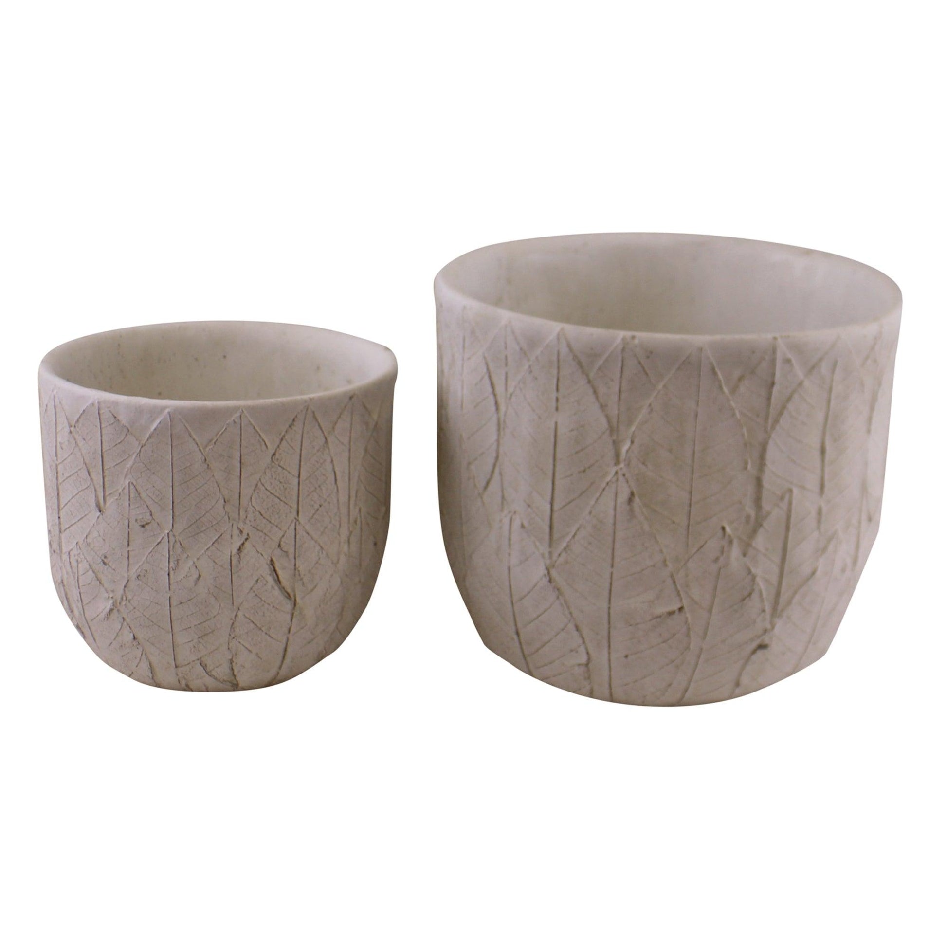 Decorative Set of 2 Cement Embossed Leaf White Planters SET