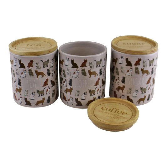 Set of 3 Ceramic Cat Design Tea, Coffee & Sugar Canisters Wooden Lids