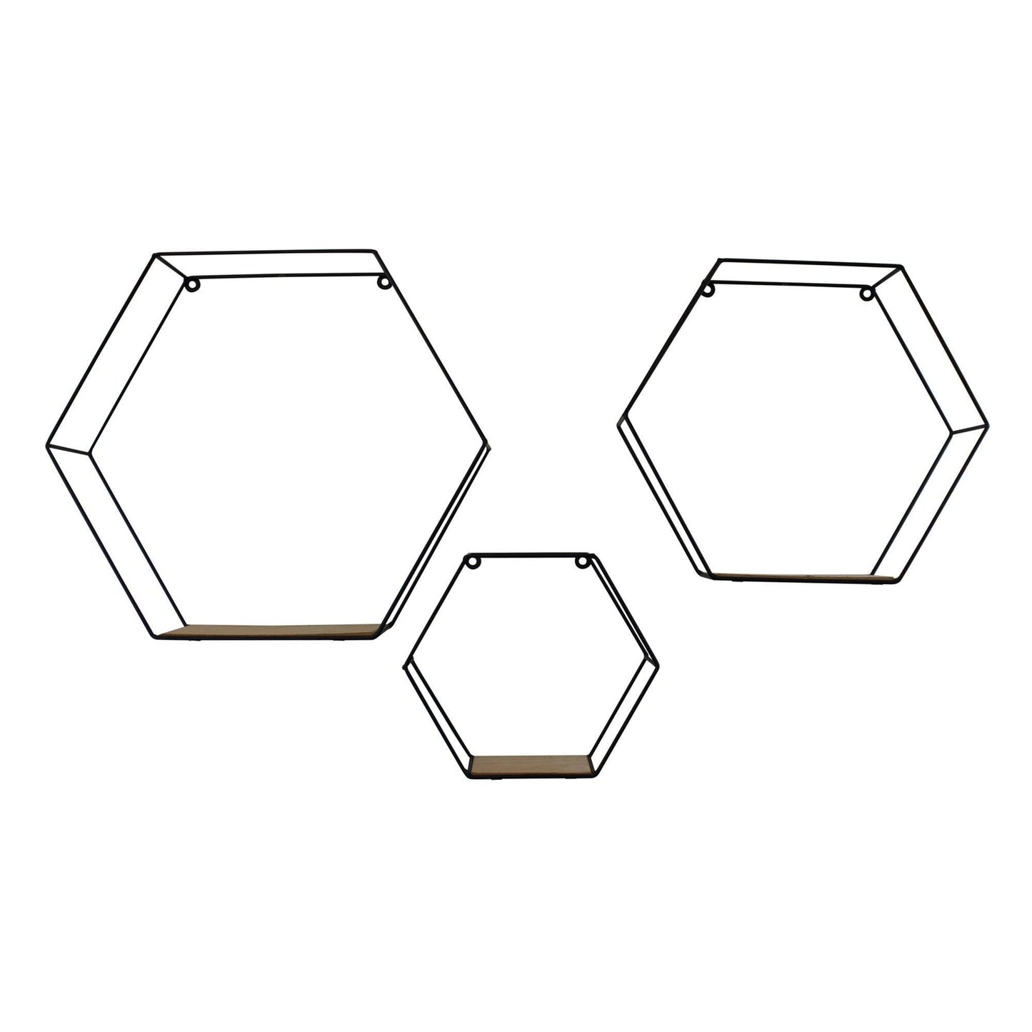 Set of Three Black Metal Hexagonal Wall Shelves with Wooden Shelf - Home Inspired Gifts
