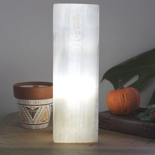 Natural Selenite Healing Crystal Light - Chakras Tower Block Lamp 25cm - Home Inspired Gifts