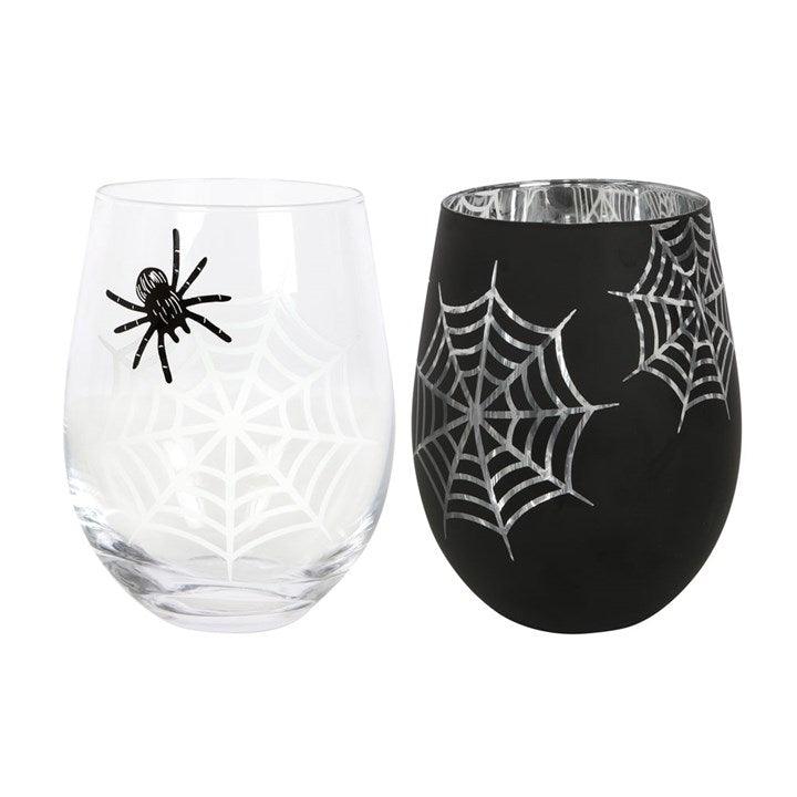 Set of 2 Gothic Style Spider and Web Stemless Wine Glasses - Home Inspired Gifts