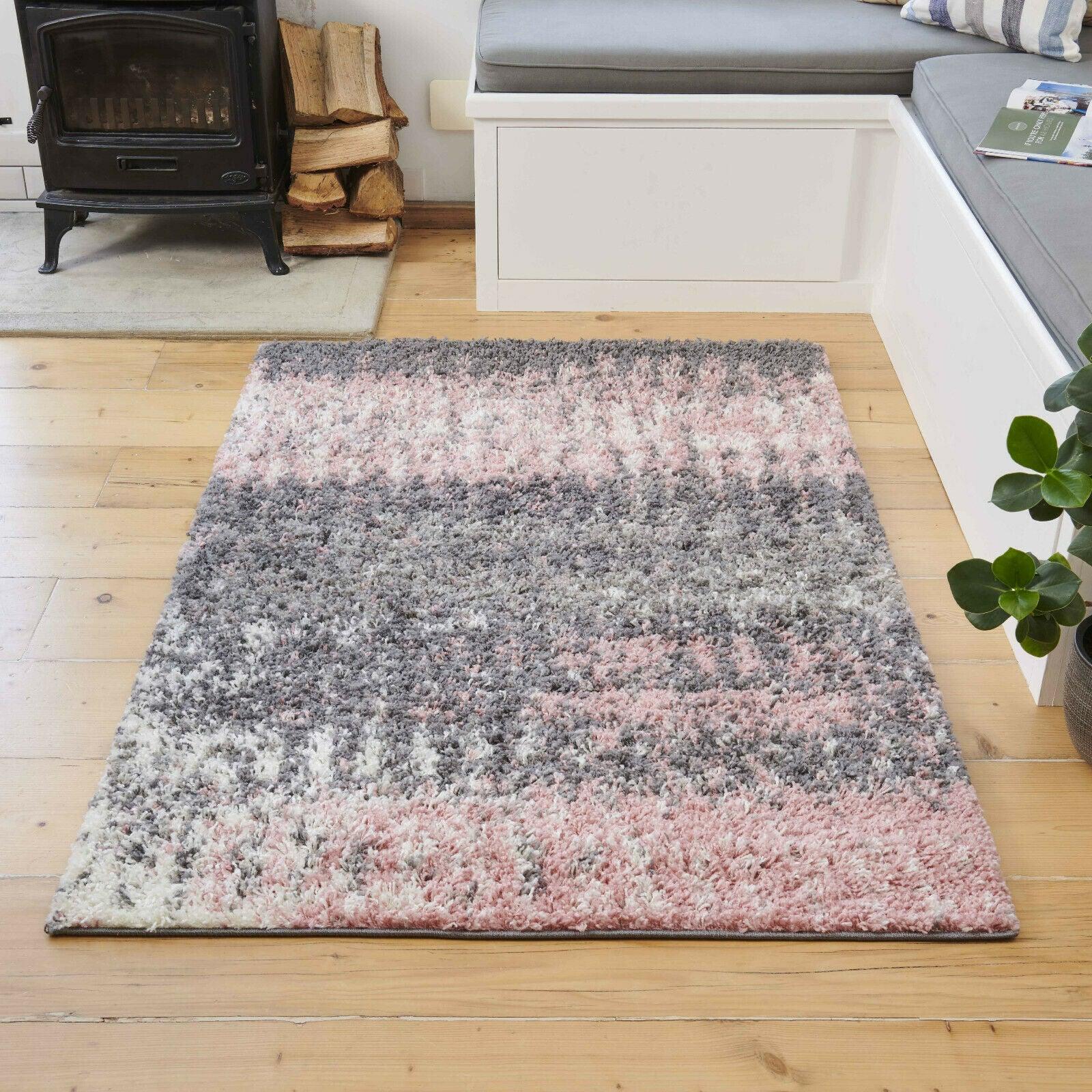 Soft Blush Pink Grey Textured Shaggy Area Floor Rug Runner - Home Inspired Gifts
