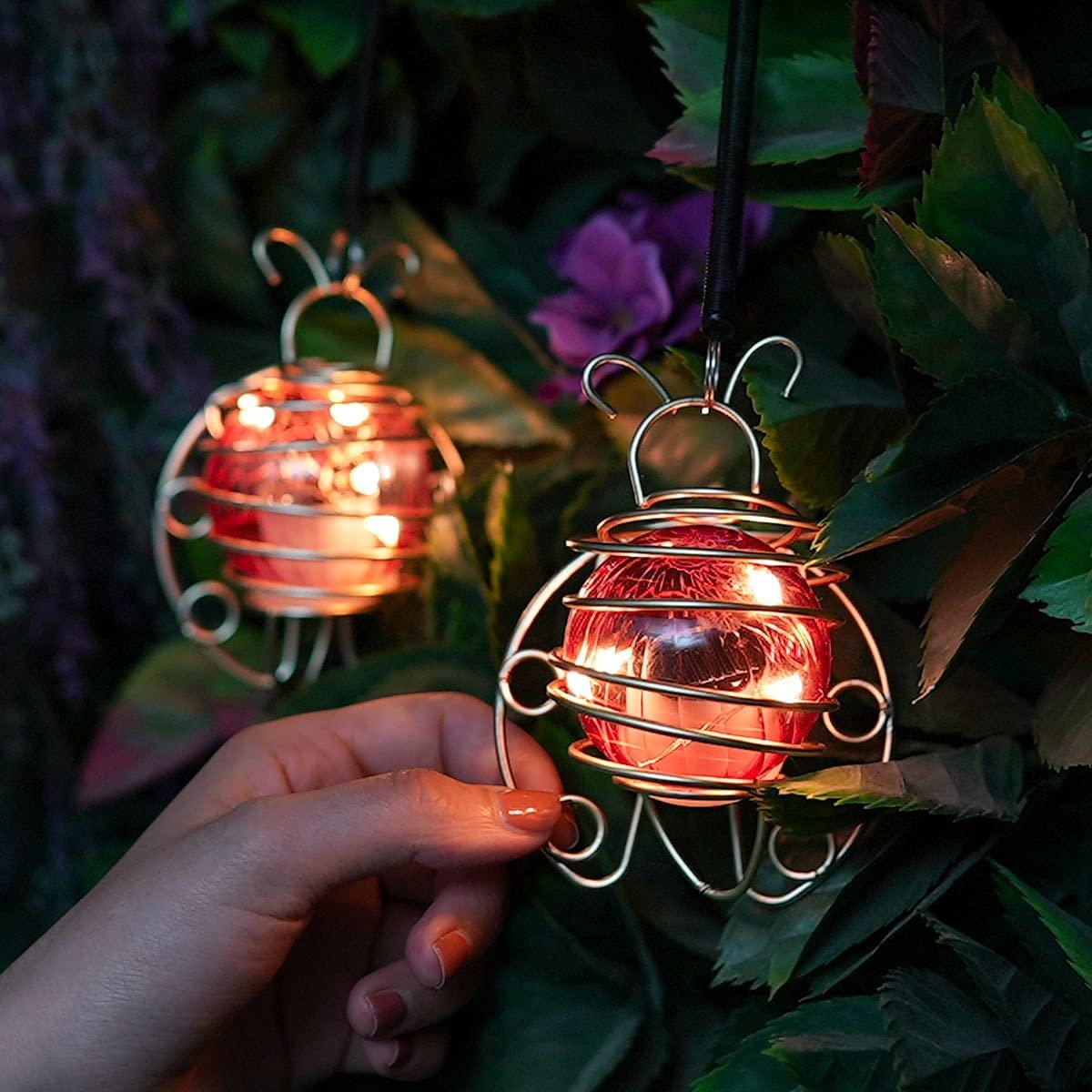 Solar LED Hanging Ladybird Lights, 2 Pack Garden Outside Lanterns - Home Inspired Gifts